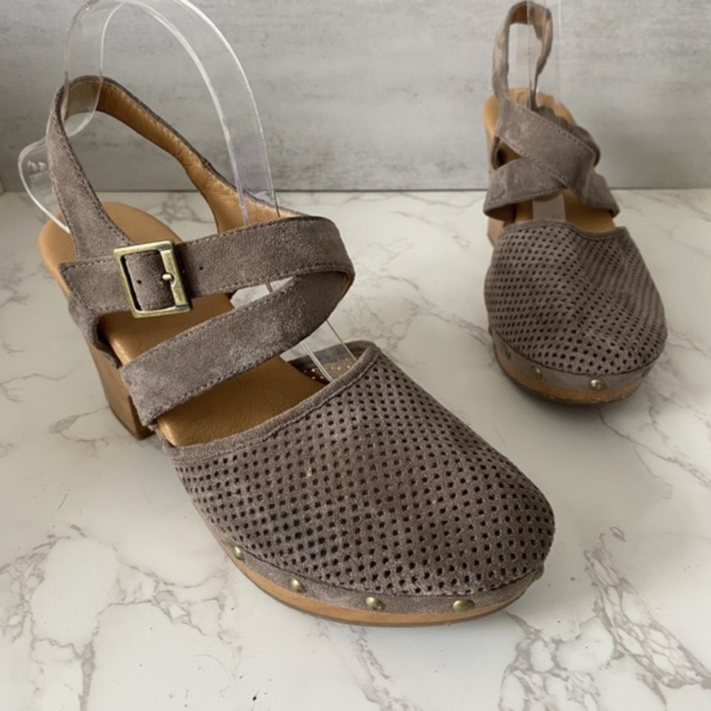 Kork-Ease Taupe Suede Perforated Clog Sandals